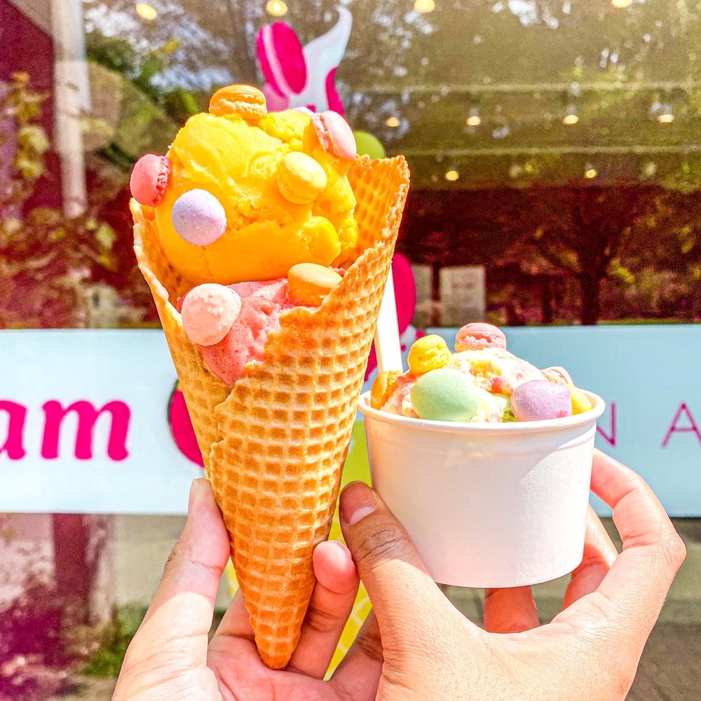 Nadege - Passion fruit & Strawberry sorbet with macaroon toppings & Marie Antoinette ice cream (vanilla & maple syrup) with macaroon toppings - Desserts Near Me - Toronto, Ontario