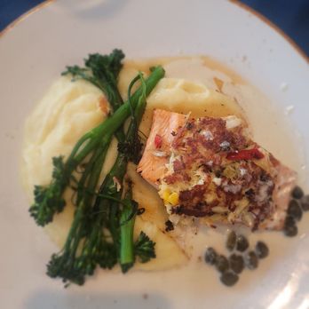 Rusty Pelican - Salmon with crabcake and mashed potatoes - Seafood Near Me - Tampa, Florida Rusty Pelican - Salmon with crabcake and mashed potatoes - Seafood Near Me - Tampa, Florida