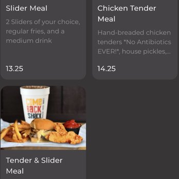Come Back Shack - Slider Meal, Chicken Tender Meal and Tender and Slider Meal Combo -Menu image. - Burgers Near Me - Boone, North Carolina Come Back Shack - Slider Meal, Chicken Tender Meal and Tender and Slider Meal Combo -Menu image. - Burgers Near Me - Boone, North Carolina