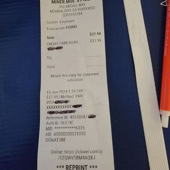 Miner Moe's Pizza - Todays receipt - Pizza Near Me - Nevada City, California Miner Moe's Pizza - Todays receipt - Pizza Near Me - Nevada City, California