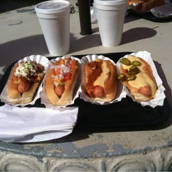Trolly Stop - North Carolina, Wrightsville, chilli, cheese, & mustard, and Nuclear. (Left to right). - Hot Dogs Near Me - Wrightsville Beach, North Carolina
