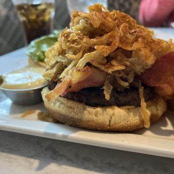 BIN 4 Burger Lounge - Black and blue burger, no tomato + bacon, because everything is better with bacon. - Burgers Near Me - Burnaby, British Columbia