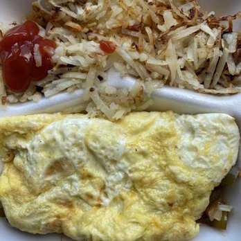 CC's Place - an omelet and hash browns in a styrofoam container - Breakfast & Brunch Near Me - Columbus, Georgia
