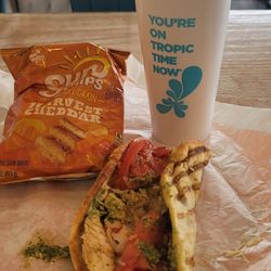 5/28/23 Chicken pesto flatbread combo Grilled chicken pesto sauce Parmesan /mozz cheez combo tomato watermelon mojito "mocktail" smoothie