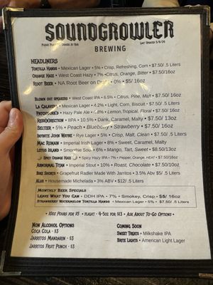Menu photo 1 Soundgrowler Brewing Tinley Park, IL Menu photo 1 Soundgrowler Brewing Tinley Park, IL