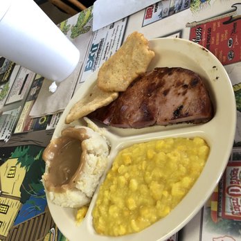 Altha Diner - Ham with creamed corn and mashed potatoes. The corn bread is a thin fried bread. - American Near Me - Altha, Florida