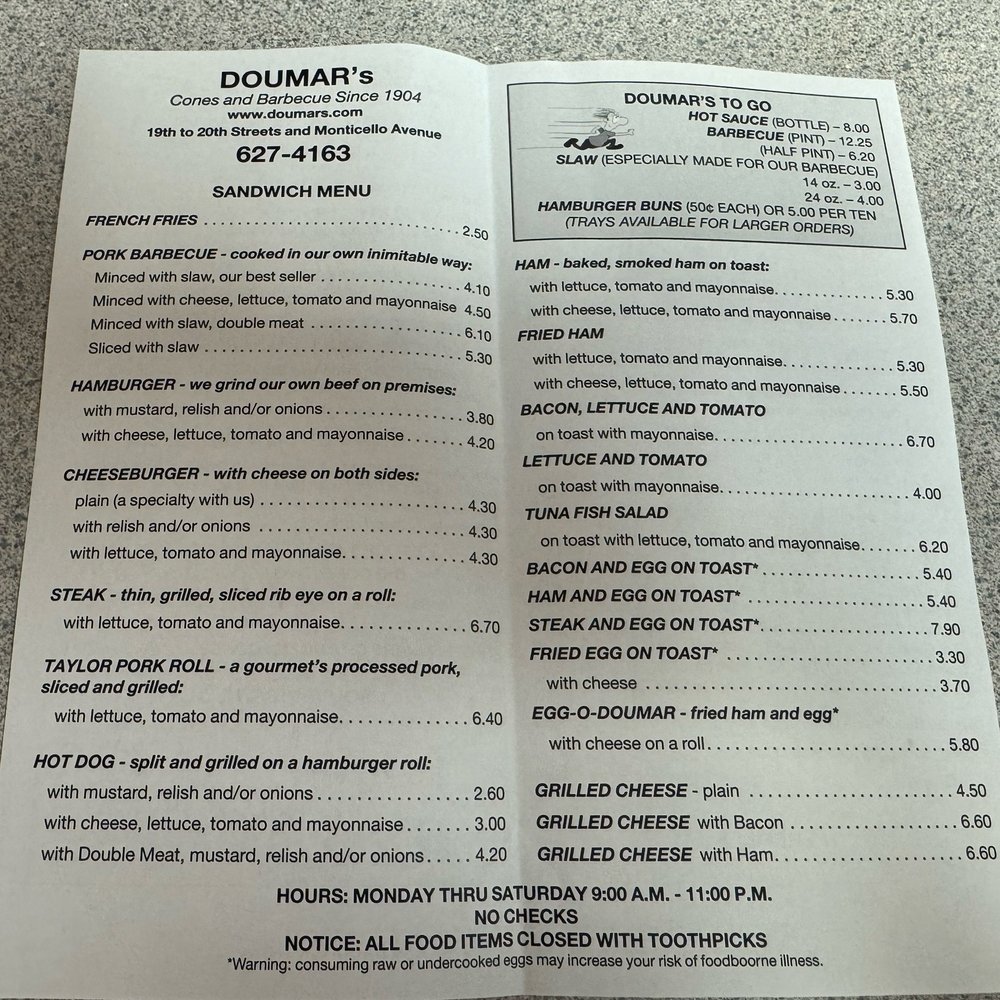 Doumar's Cones & Barbecue - Menu - Barbeque Near Me - Norfolk, Virginia