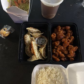 China Boy Bakery - Orange Chicken with Steamed Rice Pan Fried Dumplings Wor Wonton Soup with Chicken, Pork, and Shrimp - Chinese Near Me - Montebello, California
