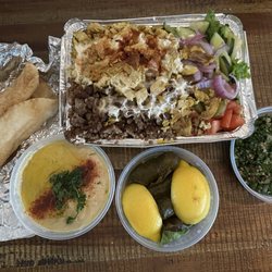 Combo Over Rice, Hummus, Tabouleh, Dolma, Pita Bread