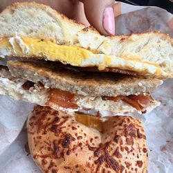 Dev's Coffee Bar - The Squatch on the Parmesan bagel