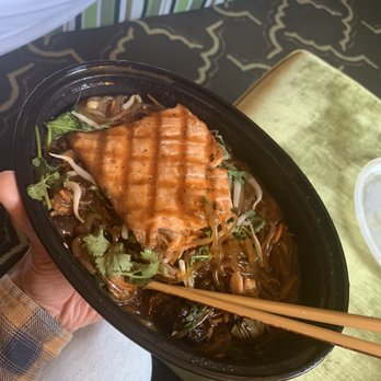 True Food Kitchen - Korean Noodle Bowl - sweet potato glass noodle, pickled shiitake, organic spinach, carrot, bean sprout, toasted sesame with grilled salmon. - New American Near Me - Chicago, Illinois