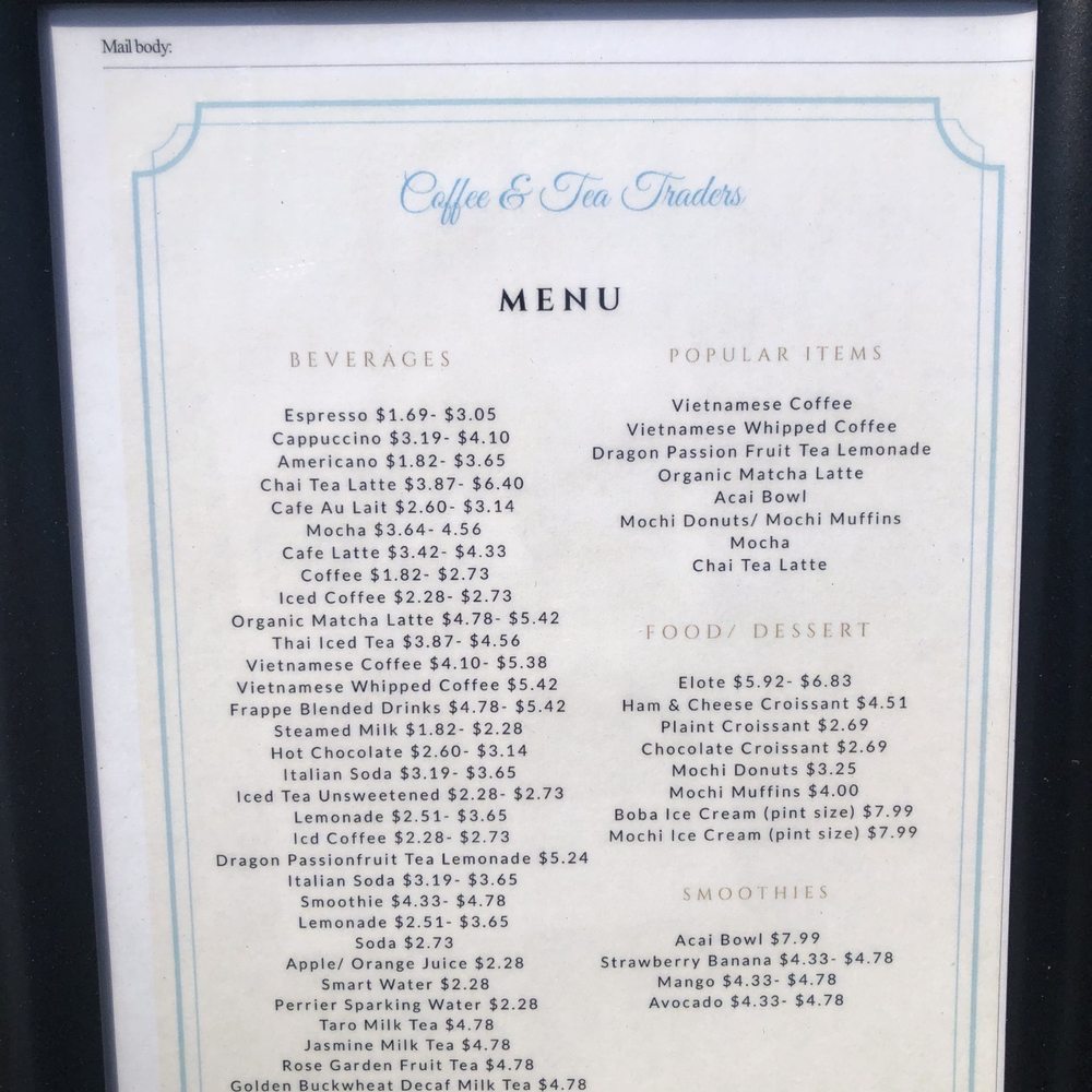 Coffee and Tea Traders - Menu - Coffee & Tea Near Me - Alameda, California