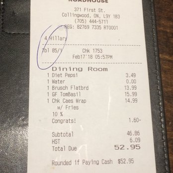 Kelseys Original Roadhouse - the receipt for the restaurant - Comfort Food Near Me - Collingwood, Ontario