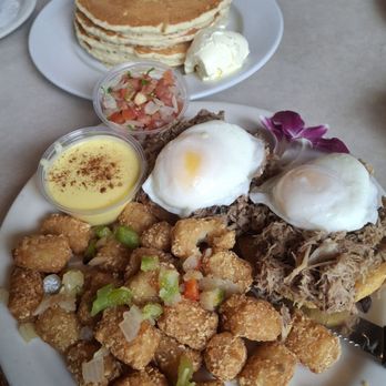 Cinnamon's Restaurant - Kalua pork benedict & mango chiffon pancakes. Sauces on the side. - Pancakes Near Me - Kailua, Hawaii Cinnamon's Restaurant - Kalua pork benedict & mango chiffon pancakes. Sauces on the side. - Pancakes Near Me - Kailua, Hawaii