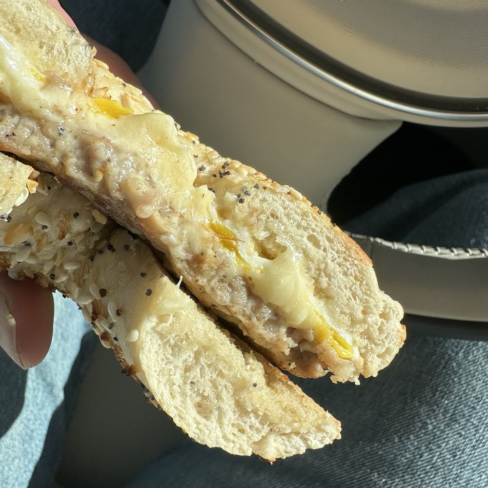 Hangover Helper- sausage, egg and cheese on an everything bagel Hangover Helper- sausage, egg and cheese on an everything bagel