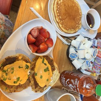 Two Chicks Café - CBD - Crab cake benedict and one Buttermilk Pancakes - Breakfast & Brunch Near Me - New Orleans, Louisiana Two Chicks Café - CBD - Crab cake benedict and one Buttermilk Pancakes - Breakfast & Brunch Near Me - New Orleans, Louisiana