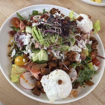 Feather & Flour - Brunch salad with smoked salmon and poached eggs instead of hard boiled. - Breakfast & Brunch Near Me - Palmer, Alaska