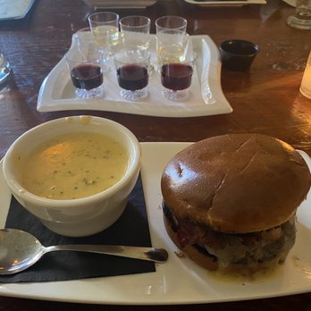Potomac Point Winery - Beef burger with cheese only and flight of both white and red wines to sample - Wineries Near Me - Stafford, Virginia