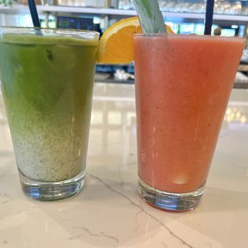 Brunch House - Iced matcha latte(Left) Sunrise fruit smoothie (Right) - Breakfast & Brunch Near Me - Grand Rapids, Michigan Brunch House - Iced matcha latte(Left) Sunrise fruit smoothie (Right) - Breakfast & Brunch Near Me - Grand Rapids, Michigan