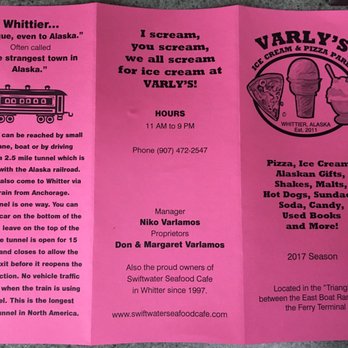 Varley's Ice Cream & Pizza Parlor - menu - Pizza Near Me - Whittier, Alaska Varley's Ice Cream & Pizza Parlor - menu - Pizza Near Me - Whittier, Alaska