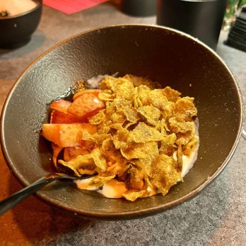 Darkroom - Buttermilk ice cream, crispy Hojicha corn flakes, California peaches - Wine Bars Near Me - Santa Ana, California Darkroom - Buttermilk ice cream, crispy Hojicha corn flakes, California peaches - Wine Bars Near Me - Santa Ana, California