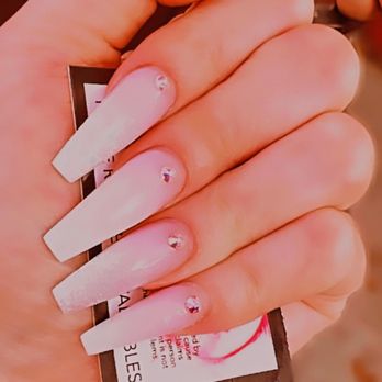 Gloss Nail Bar - Pink + White Ombrè w/ simple rhinestones. - Nail Salons Near Me - Houston, Texas