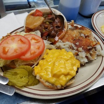 Mickey's Diner - Classic cheeseburger comes with beef stew and hash browns. Cali style (lettuce, tomato, onions, pickles) costs extra - Diners Near Me - Saint Paul, Minnesota Mickey's Diner - Classic cheeseburger comes with beef stew and hash browns. Cali style (lettuce, tomato, onions, pickles) costs extra - Diners Near Me - Saint Paul, Minnesota