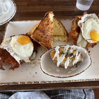 Madres Brunch - Pork chops with cheddar and eggs, baked potato and toast. - Breakfast & Brunch Near Me - Bellflower, California Madres Brunch - Pork chops with cheddar and eggs, baked potato and toast. - Breakfast & Brunch Near Me - Bellflower, California