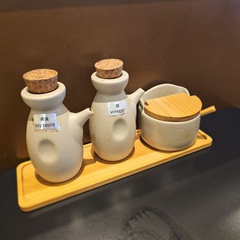 Highland Noodles - Classy containers for soy sauce, vinegar, and chili oil - Noodles Near Me - Roseville, California