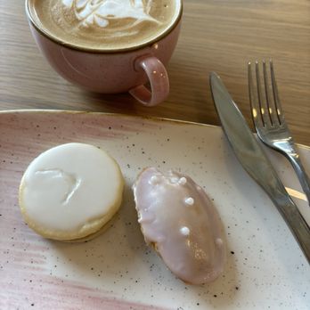 Rose Cafe - Latte, lavender cookie, shortbread cookie. - Breakfast & Brunch Near Me - Oceanside, California Rose Cafe - Latte, lavender cookie, shortbread cookie. - Breakfast & Brunch Near Me - Oceanside, California