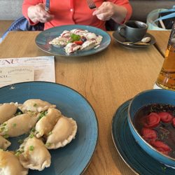 Pierogarnia - Pierogi Ruskie (Russian pierogi), Pierogi Jagodowe (Blueberry Pierogi), Barszcz (borscht), Piwo Regionalne (Regional Beer)