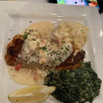Fish Thyme - Halibut in lobster and shrimp cream sauce, spinach and mashed potatoes - Cafes Near Me - Acworth, Georgia