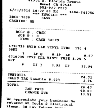 Valle Vista Home Center - Receipt. - Hardware Stores Near Me - Hemet, California Valle Vista Home Center - Receipt. - Hardware Stores Near Me - Hemet, California