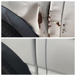 Stone Mountain Body Shop - Before and after, plus they pulled out the front bumper and fixed the headlights and replaced several missing pieces