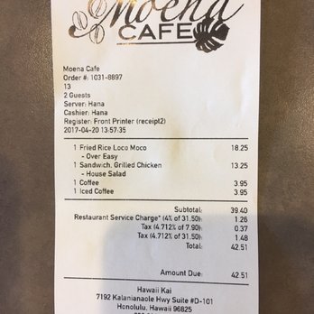 Moena Café - Note that they automatically tack on 4% tip - Cafes Near Me - Honolulu, Hawaii Moena Café - Note that they automatically tack on 4% tip - Cafes Near Me - Honolulu, Hawaii