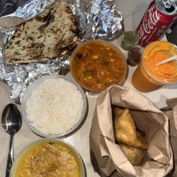1. Vegetable Samosa (2 Pieces) Mango lassi  2. Vegetarian Dinner (For 2) 1. Vegetable Tikka Masala 7. Daal Tarka