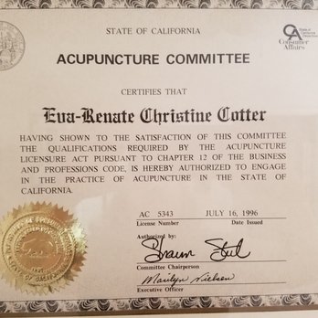 Eva Cotter - July 16, 1996. Over 20 years serving San Diego's East County - Acupuncture Near Me Eva Cotter - July 16, 1996. Over 20 years serving San Diego's East County - Acupuncture Near Me