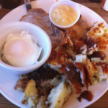 Home Style Cafe - Two-Pork Chop Breakfast with Poached Eggs, Home Style Potatoes and Applesauce - American Near Me - Fort Bragg, California Home Style Cafe - Two-Pork Chop Breakfast with Poached Eggs, Home Style Potatoes and Applesauce - American Near Me - Fort Bragg, California
