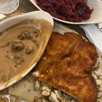 Old Castle Restaurant - Jeiger Schnitzel and a side of the red cabbage, and spatzle, with a mushroom gravy. - German Near Me - Ruskin, Florida Old Castle Restaurant - Jeiger Schnitzel and a side of the red cabbage, and spatzle, with a mushroom gravy. - German Near Me - Ruskin, Florida