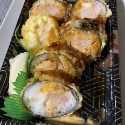 The bulldog roll, which has two kinds of fish, but no seafood otherwise. The bulldog roll, which has two kinds of fish, but no seafood otherwise.