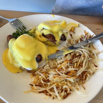 Jam + Toast - Eggs Classic Egg Benedict, bacon swapped for chicken apple sausage. - Breakfast & Brunch Near Me - Irving, Texas Jam + Toast - Eggs Classic Egg Benedict, bacon swapped for chicken apple sausage. - Breakfast & Brunch Near Me - Irving, Texas