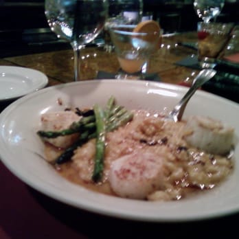 Fish Bones Grill - seared scallops with squash risotto, blueberries, and asparagus - New American Near Me - Lewiston, Maine Fish Bones Grill - seared scallops with squash risotto, blueberries, and asparagus - New American Near Me - Lewiston, Maine