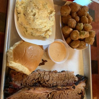 Firehouse Que & Brew - Brisket plate with potato salad and fried okra - Barbeque Near Me - Fallbrook, California Firehouse Que & Brew - Brisket plate with potato salad and fried okra - Barbeque Near Me - Fallbrook, California