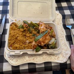 New Great Wall Chinese Restaurant - Chicken and mixed vegetables with fried rice.
