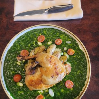 The Avery - French roasted chicken, fingerling potatoes, spinach coulis, with asparagus tips and cherry potatoes. - American Near Me - Tulsa, Oklahoma The Avery - French roasted chicken, fingerling potatoes, spinach coulis, with asparagus tips and cherry potatoes. - American Near Me - Tulsa, Oklahoma