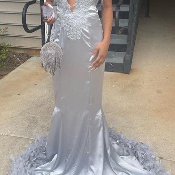 AS Designed - Silver Sequined Prom Dress with Feathers - Sewing & Alterations Near Me - McDonough, Georgia AS Designed - Silver Sequined Prom Dress with Feathers - Sewing & Alterations Near Me - McDonough, Georgia