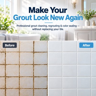 Make Your Grout Look Clean Again! - Discolored grout can make otherwise clean tile look worn. Our restoration process starts with inspecting the grout and deep-cleaning the joints to remove built-up dirt. Depending on its condition, we replace damaged grout or apply color seal to even out discoloration. The goal is cleaner grout lines and a refreshed appearance—without replacing tile that is still in good condition. Make Your Grout Look Clean Again! - Discolored grout can make otherwise clean tile look worn. Our restoration process starts with inspecting the grout and deep-cleaning the joints to remove built-up dirt. Depending on its condition, we replace damaged grout or apply color seal to even out discoloration. The goal is cleaner grout lines and a refreshed appearance—without replacing tile that is still in good condition.