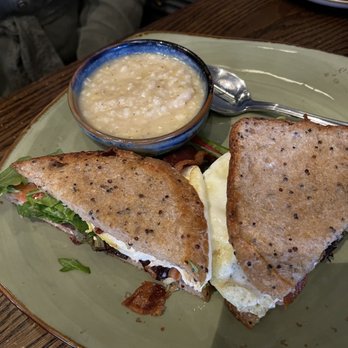 Gus's BBQ - Bacon and Egg sandwich with a side of jalapeño cheddar grits - Barbeque Near Me - Porter Ranch, California