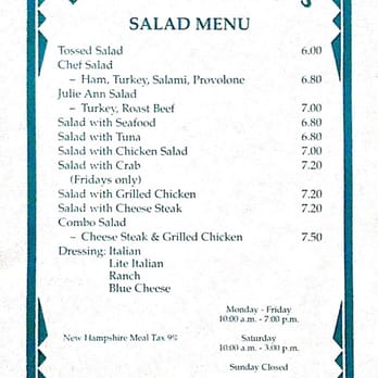 Bill Cahill's Super Subs - Salad menu as of 25 Oct 2012. - Sandwiches Near Me - Hudson, New Hampshire Bill Cahill's Super Subs - Salad menu as of 25 Oct 2012. - Sandwiches Near Me - Hudson, New Hampshire