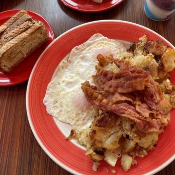 Amy's Omelette House - Two eggs over medium with home fries, well done bacon and wheat toast. - Breakfast & Brunch Near Me - Cherry Hill, New Jersey